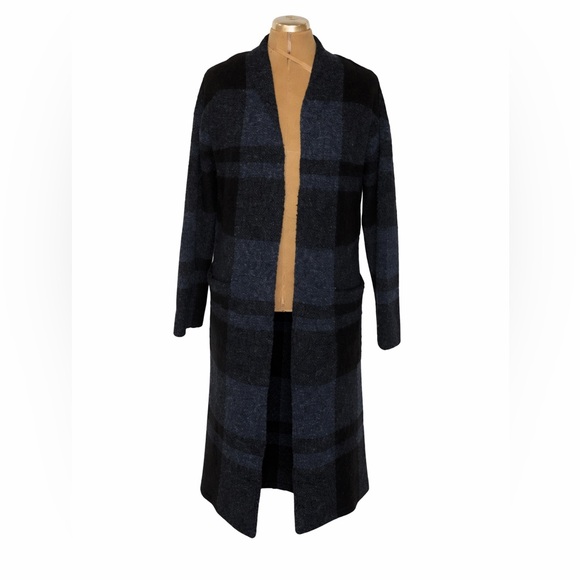 Cyrus Sweaters - Cyrus Black & Blue Plaid Long Open Front Cardigan Sweater